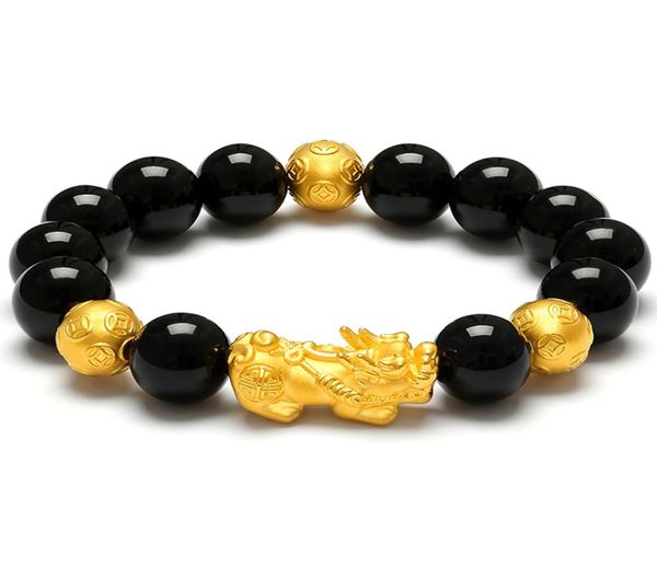 

vietnam gold plated 3d wealth pixiu charm black obsidian beads bracelet chinese feng shui animal amulet jewelry9477362, Golden;silver