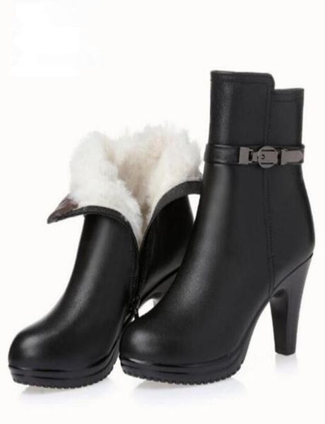 

warm and comfortable fur one wool shoes woman winter ankle boots 2020 new fashion cowhide leather shoes high heels women boots5726664, Black
