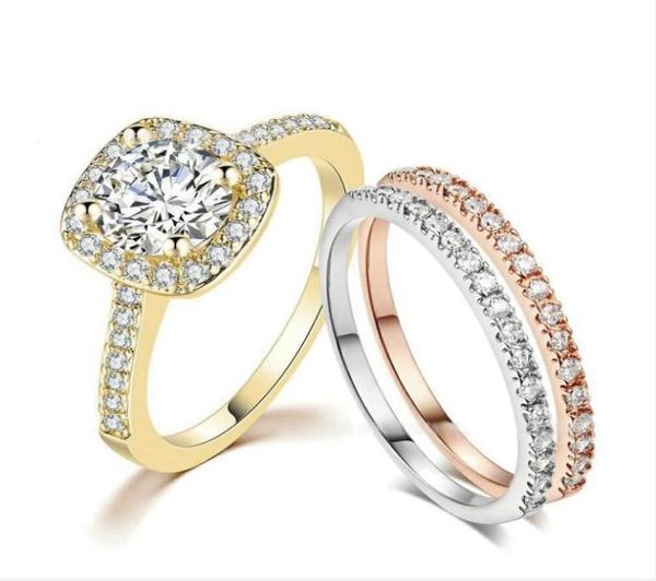 

318r square zircon 3 ring set for women mix 3 gold color fashion jewelry bijoux original design1527435, Golden;silver
