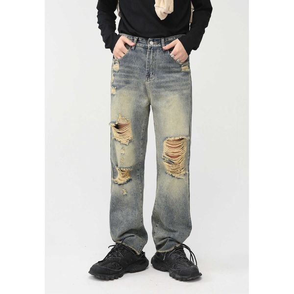 

mtlclothes men's wear new line made old wash water hole design straight leg jeans for men, Blue