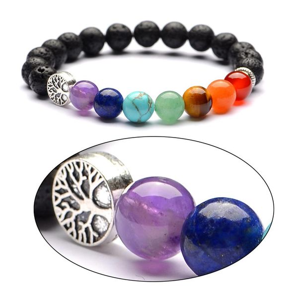 

bangle 8mm lava stone tree of life 7 chakra healing balance beads reiki buddha prayer essential oil diffuser bracelet jewelry, Black