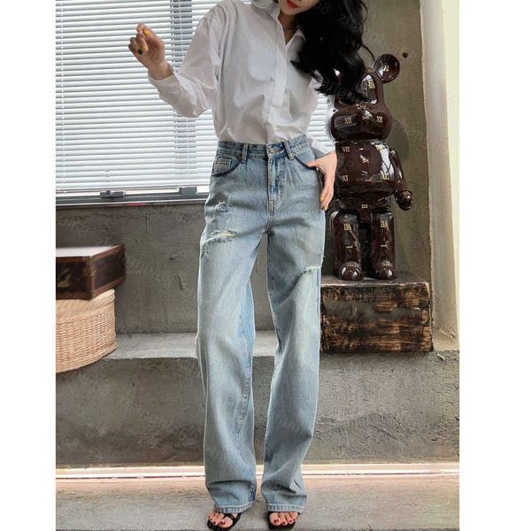 

23ss womens pants denim jeans designer women jeans back pocket alphabet embroidery fashion ripped denim pants womens clothing a1, Blue