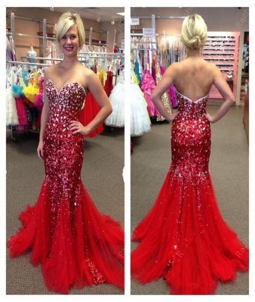 

luxury red mermaid sequin bling pageant prom dresses 2022 sweetheart rhinestones beaded tulle long celebrity evening formal gown d3551048, White;red