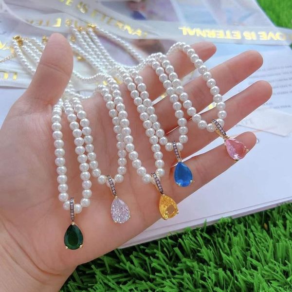 

necklaces 5pcs luxury pearl beads beaded necklace bling crystal cz micro pave water drop pendant necklace for women, Silver