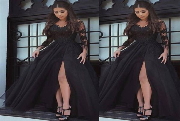 

2018 new glamorous black long sleeves prom dresses front split floor length dresses evening wear 145858