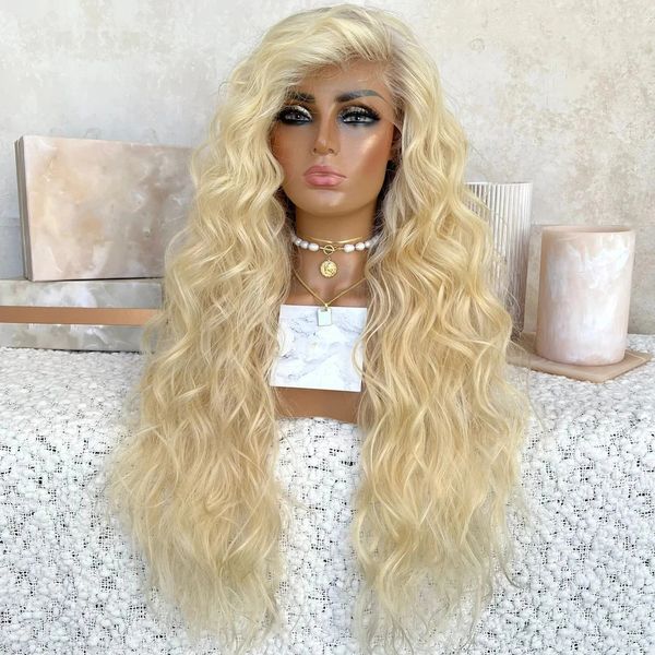 

613 blonde glueless synthetic hair lace front wig for women high temperature fiber natural wave cosplay, Black