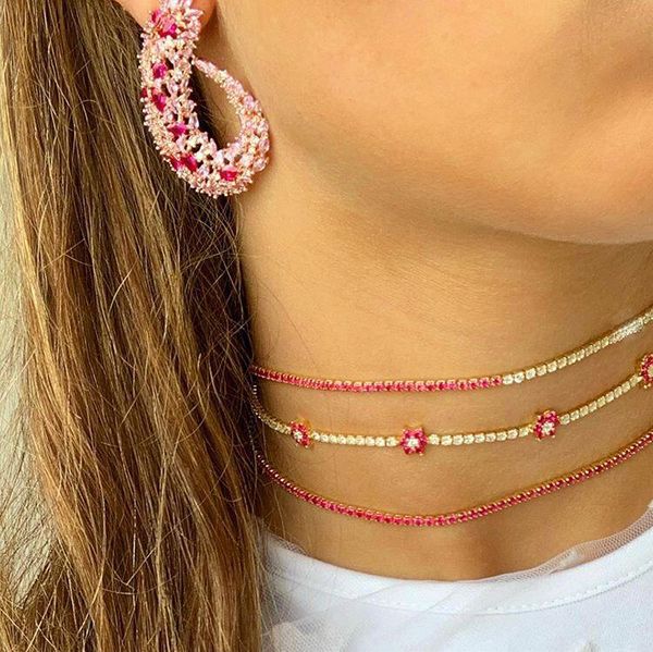 

huggie 2020 new arrived geometric cz cluster red white cz paved colorful hoop earring rose gold cubic zirconia cz bling jewelry, Golden;silver