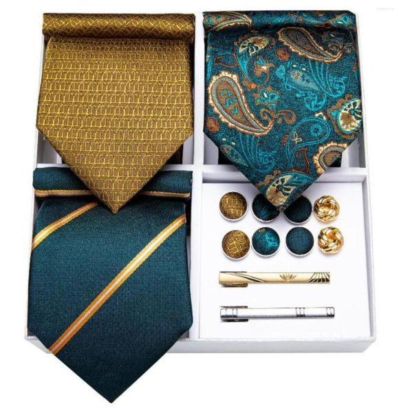 

bow ties fashion teal green gold paisley striped 3pack men039s silk business wedding tie hanky cufflinks set gift dibangu2365497, Black;gray