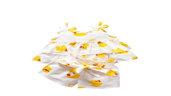 

16y summer fashion toddler clothing kid baby girls clothes sets cute duck print sleeveless shorts 2pcs outfit8896581, White