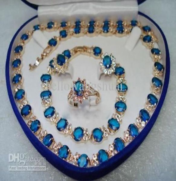 

whole blue stone sapphire set necklace bracelet earrings ring7624608, Black