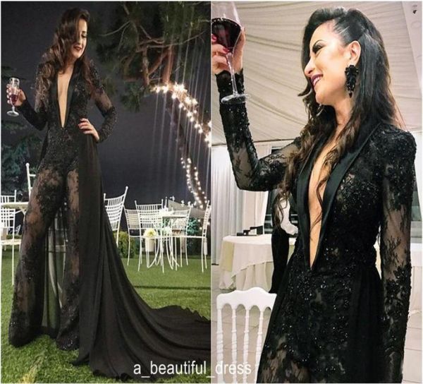 

evening dress with detachable train jumpsuits deep v neck long sleeves lace appliqued formal party gowns custom made long prom dre2012363, Black;red