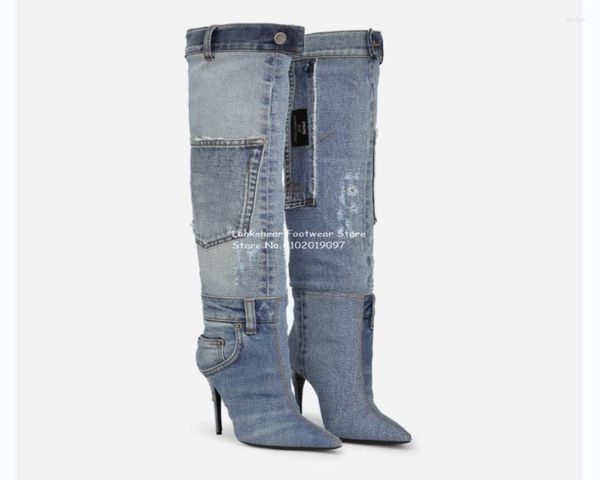 

boots women patchwork denim knee high pointed toe stiletto comfort fashion autumn winter plus size 3443 arrival 20237530414, Black