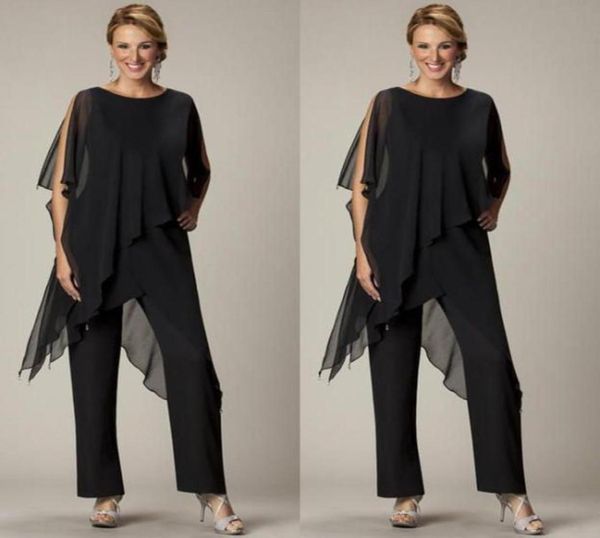 

two pieces pants suits for mother of the bride jewel half sleeve plus size black chiffon evening gowns beach wedding party2113273, Black;red