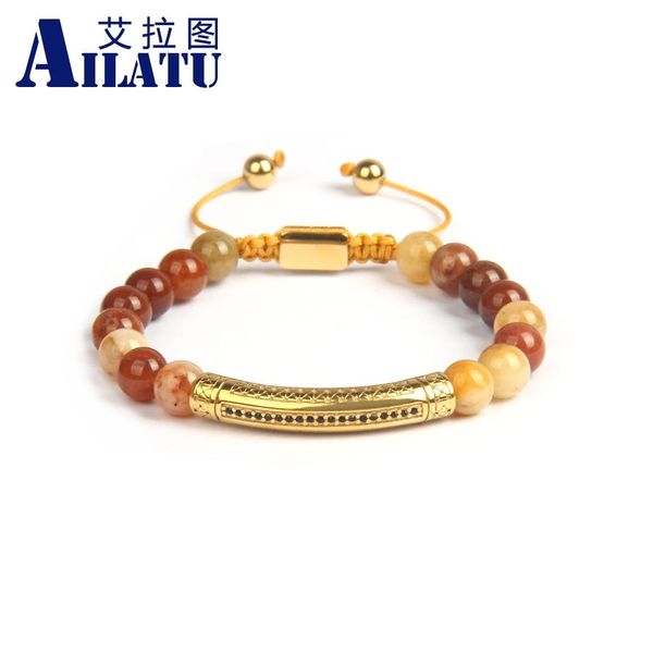 

bangle ailatu stainless steel gold tube bar braiding bracelets with 8mm natural lapis stone beads mix colors couples jewelry, Black