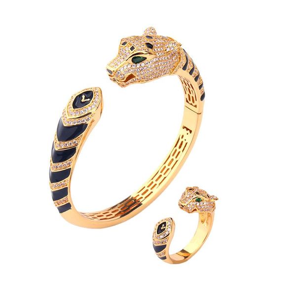 

bangle luxury fashion classic animal head copper zircon open bracelet open ring european dubai woman wedding party gift b1275, Black