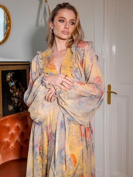 

basic casual dresses bandage chiffon women long dresses floral long sleeve pleated boho beach dress wrap maxi dresses for women summer 23052, Black;gray
