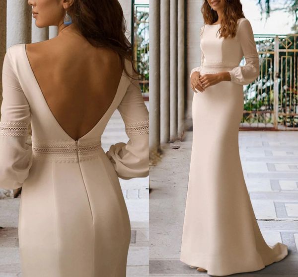 

elegant mermaid wedding dress long sleeve scoop neck backless satin lace bridal gowns sweep train vestidos de noiva customed, White
