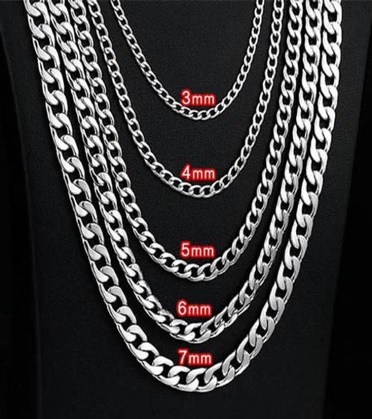 

3mm5mm6mm7mm stainless steel flat curb cuban chain link for men women necklace 45cm75cm length with velvet bag1580417, Silver