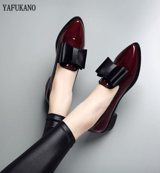 

shoes women pumps fashion bowknot shiny patent leather block chunky low heels single woman pointed toe zapato mujer9690596, Black