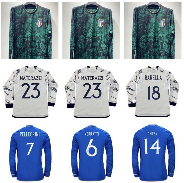 

2023 italy verratti mens soccer jerseys national team pinamonti totti raspadori chiesa barella bonucci home blue away special edition long s, Black;yellow