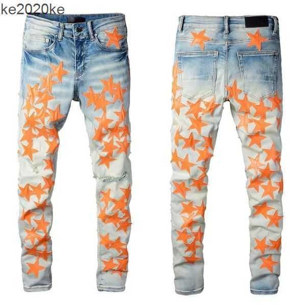 

jeans brand designer european and american torn patch embroidered five pointed star personality fashion wash wear large size can 150kg t4xl, Black