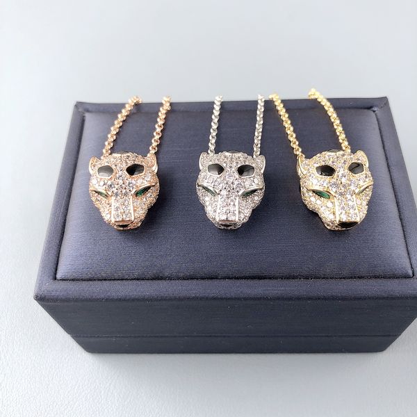 

designer collectionstyle necklace men women lady full cubic zircon diamond black spots leopard head pendant plated gold collarbone chain, Silver