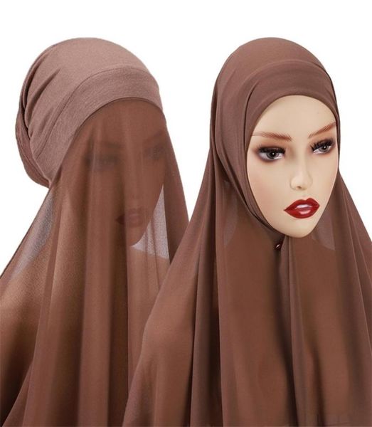 

muslim chiffon scarf for women fashion veil instant hijab wrap headscarf islam solid color cap musulman scarves 25 colors 2207043814580, Blue;gray