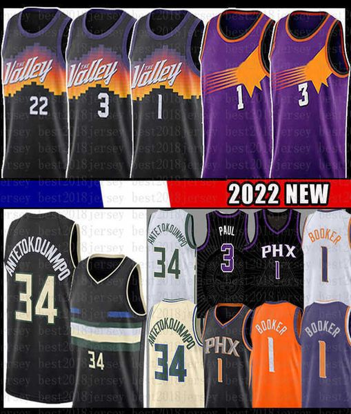 

devin booker chris paul basketball jersey deandre ayton giannis antetokounmpo ray allen steve nash charles barkley 1 3 13 34 22 j, Black;red