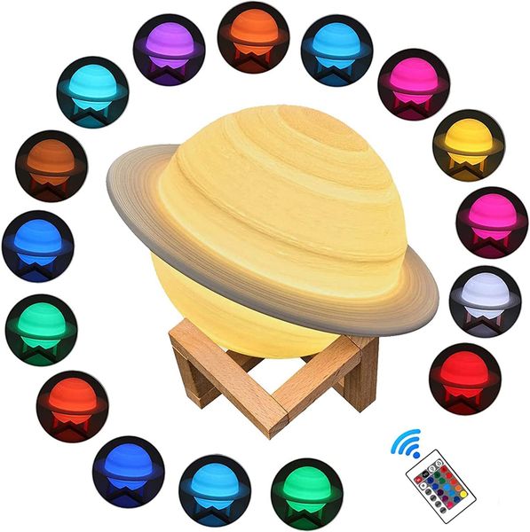 

Saturn LED Night Light 3D Printing 15cm 16 Colors Saturn Bedside Lamp with Stand, Remote &Touch Control USB Rechargeable for Baby Kids Friends Gifts bedroom