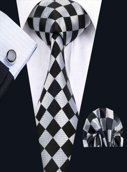 

classic silk mens ties plaids necktie sets blackwhite tie hankerchief cufflinks set jacquard woven meeting business wedding party3471348, Black;blue