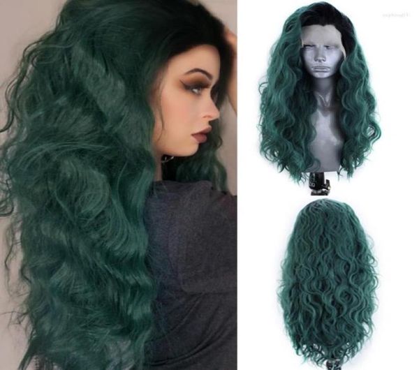 

charisma long wavy synthetic lace front with black roots ombre green natural hairline cosplay for women6703627, Black;brown