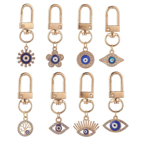 

turkish evil eye charm keychains lucky painting blue mini key chain keyring for men women car key pendant, Slivery;golden