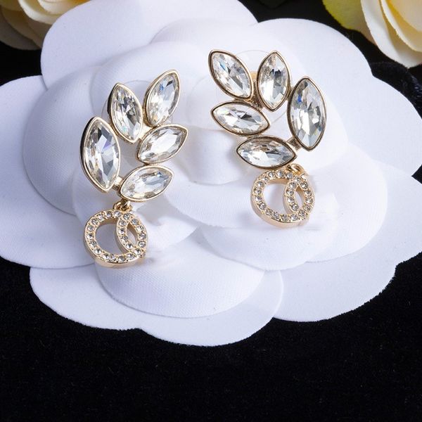 

luxury brand designer earrings double letters stud clip chain geometric famous women diamond five leaves earring wedding party jewerlry acce, Golden;silver