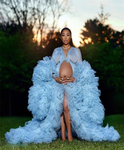 

plus size full sleeve sleepwear sky blue women pregnant party nightgowns with ruffles undergarments maternity poshoot gowns8432662, White