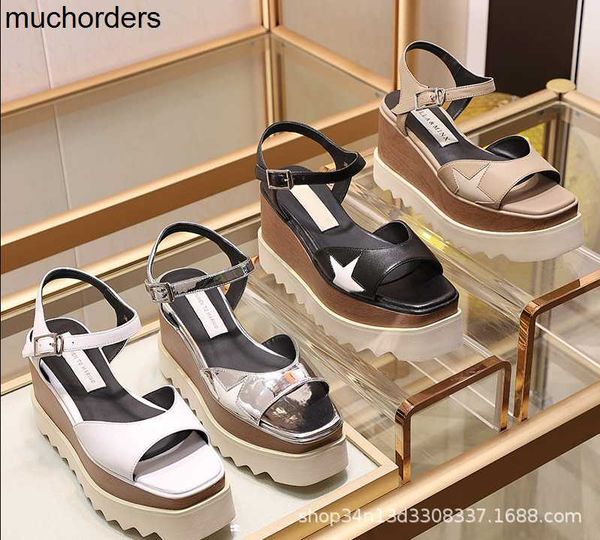 

guangzhou high end 2023 summer smbaby genuine leather wedge heel star women's sandals buckle with fish mouth heightened thick sole cake, Black