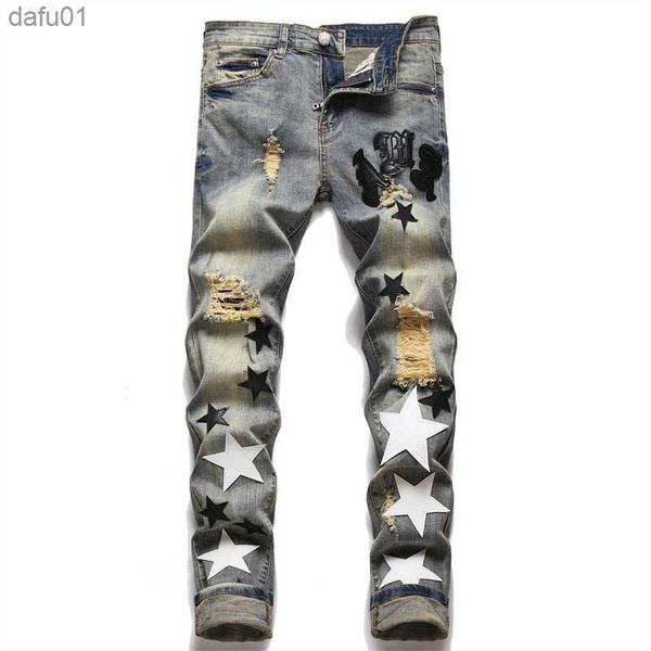 

men's jeans men's jeans european jean hombre letter star men embroidery patchwork ripped for trend brand motorcycle pant mens skin, Blue
