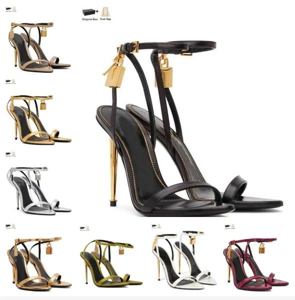 

elegant brand padlock pointy naked sandals shoes women metal stiletto heels lady tomfords party dress gladiator sandalias eu35-43 original b, Black