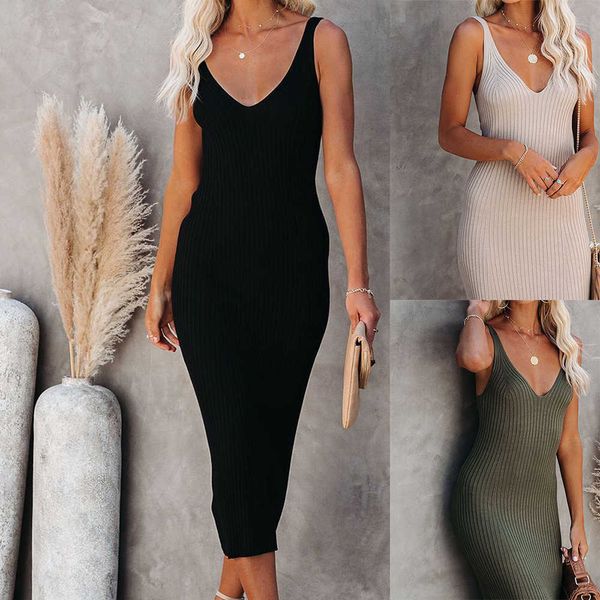 

new knitted dress women's v-neck strap tight mid length dress, Black;gray