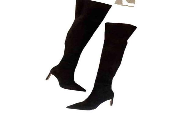 

autumn winter new pointed suede knee thick high heels show thin 2022 brand net red versatile elastic boots socks7633583, Black