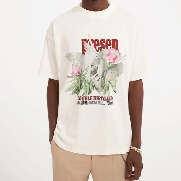 

23ss europe uk flower peace dove t shirt high street tee vintage spring summer short sleeve skateboard men women tshirt, Black;brown
