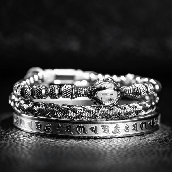 

bangle 3pcs/set cuff bangles men tibetan buddhist stainless steel bracelets classic wrist six word truth claw bracelet lucky jewelry, Black
