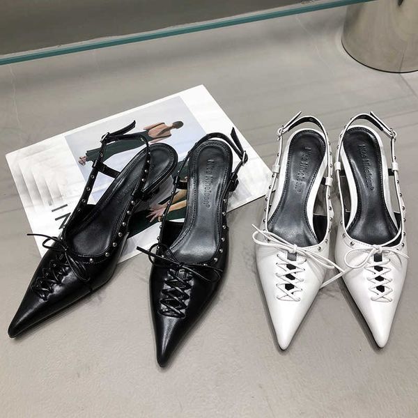 

sandals rivet ladies pumps heeled shoes 2023 luxury fashion female shallow pointed toe woman med high heels slingbacks 230511, Black