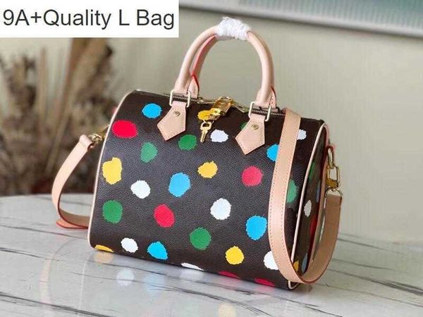 

2023 new l bag bags 5a m46433 x yk speedy bandouliere 25 momogran canvas 3d painted dots print shoulder handbags purses for women dust bag, Black