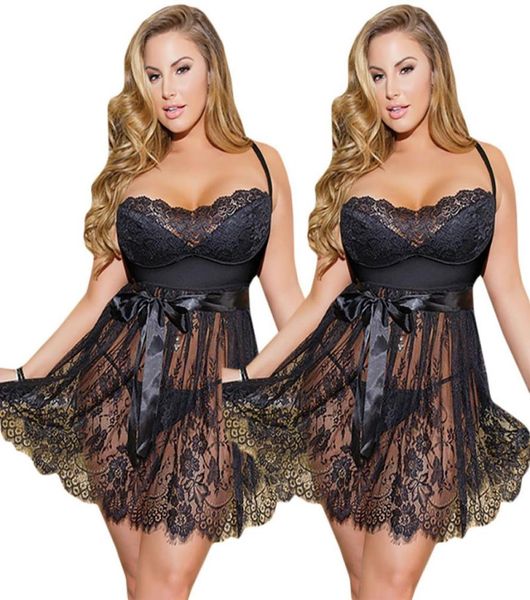 

plus size women lace nightgown sling floral embroidery nightdress transparent sleepwear lingerie1313355, Red;black