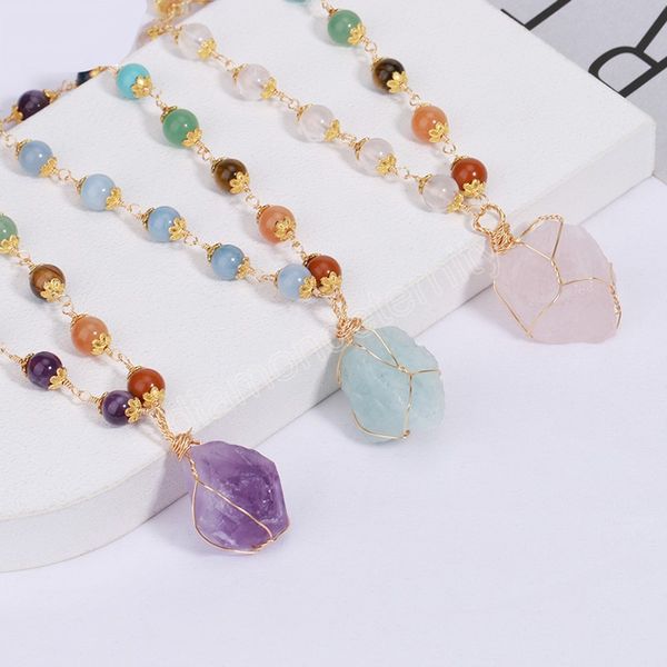 

healing 7 chakra necklace for women irregular natural stone pendant gold color stainless steel chain necklaces jewelry, Silver