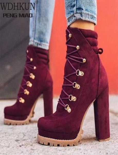 

boots 2021 women flock rivet square high heels ankle female autumn fashion laceup shoes ladies elegant footwear big size8161105, Black
