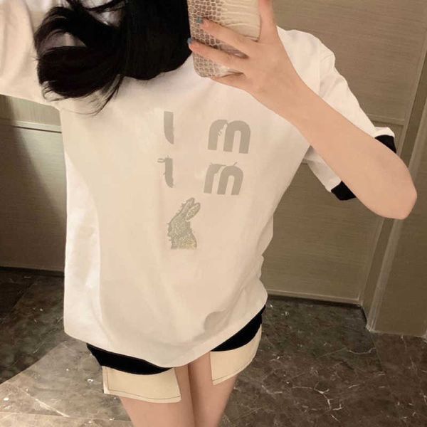 

fashion sweatshirt women miu designer t shirt round neck pullover tee summer short sleeved tshirt reflective rabbit cotton t shirts luxury b, White