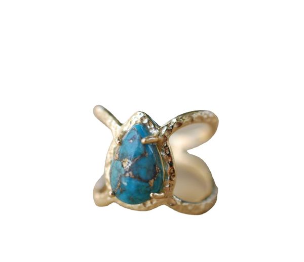 

new european and american luxury inlaid pear shaped turquoise ring party engagement ring, Golden;silver