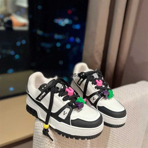 

women's shoes 2023 spring new european genuine leather lacing colored matsutake sole round toe lvity fashion casual board shoes, Black