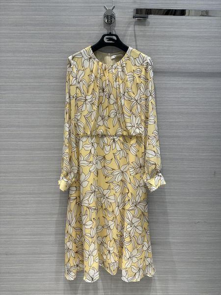 

2023 summer designer dress yellow goddess temperament round neck printed mulberry silk long sleeved women's clothing, Black;gray